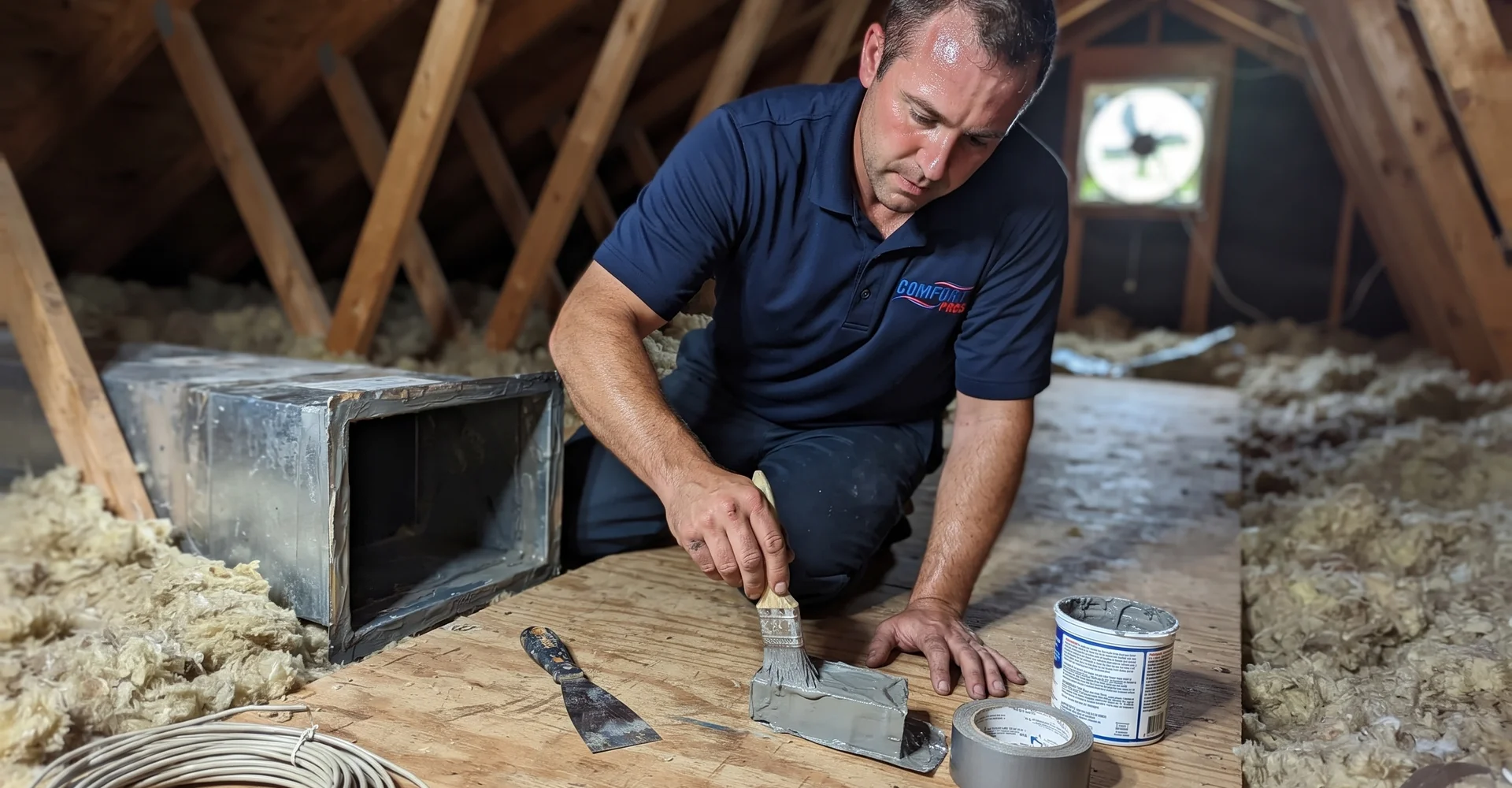 Technician applying mastic to a duct joint in an attic