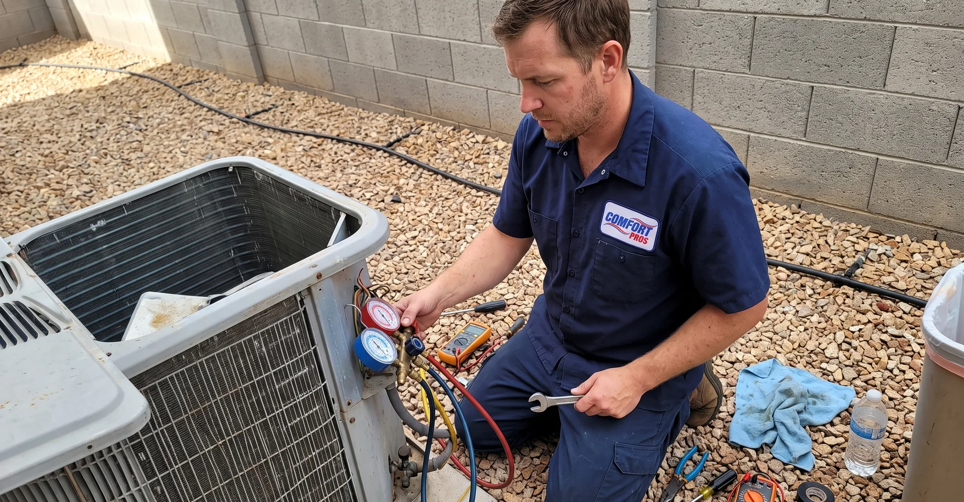 Technician diagnosing a residential air conditioning condenser in a Southwest side yard