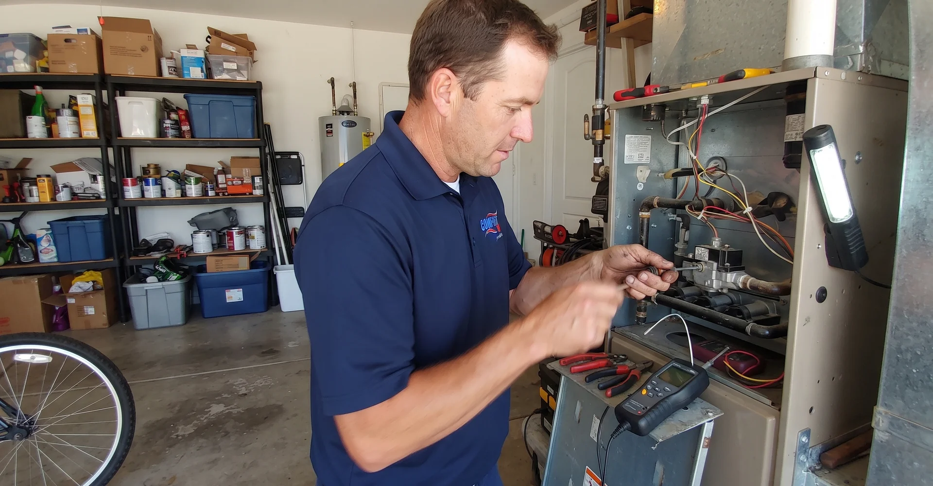 Technician servicing an open gas furnace cabinet in a residential garage