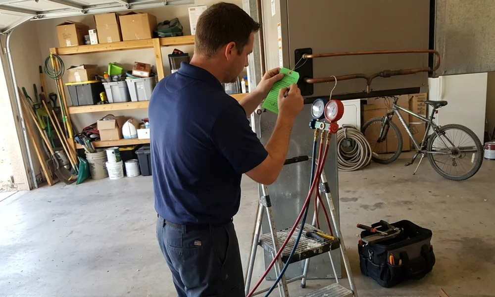 Technician recording readings on a service tag attached to an air handler with gauges still connected