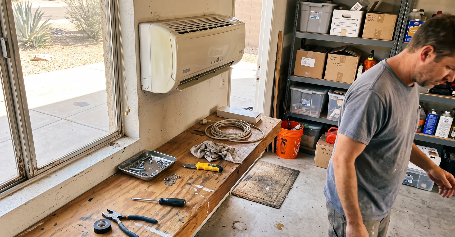 Wall-mounted ductless mini split head installed in a converted garage workspace