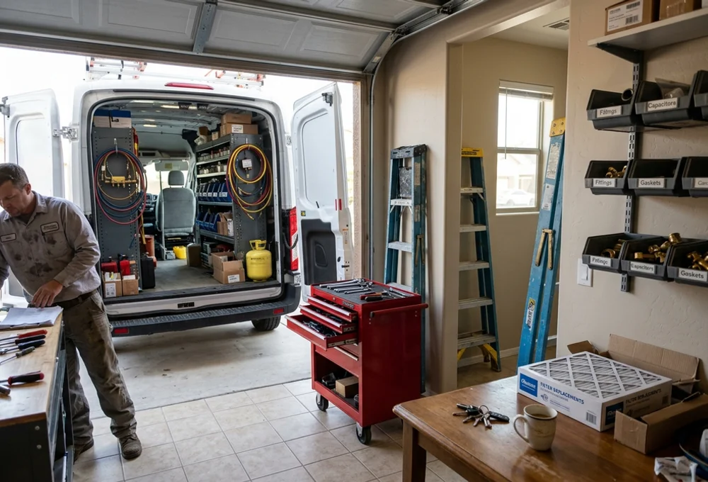 Working HVAC shop with labelled parts shelving, a rolling toolbox and a van backed into the bay
