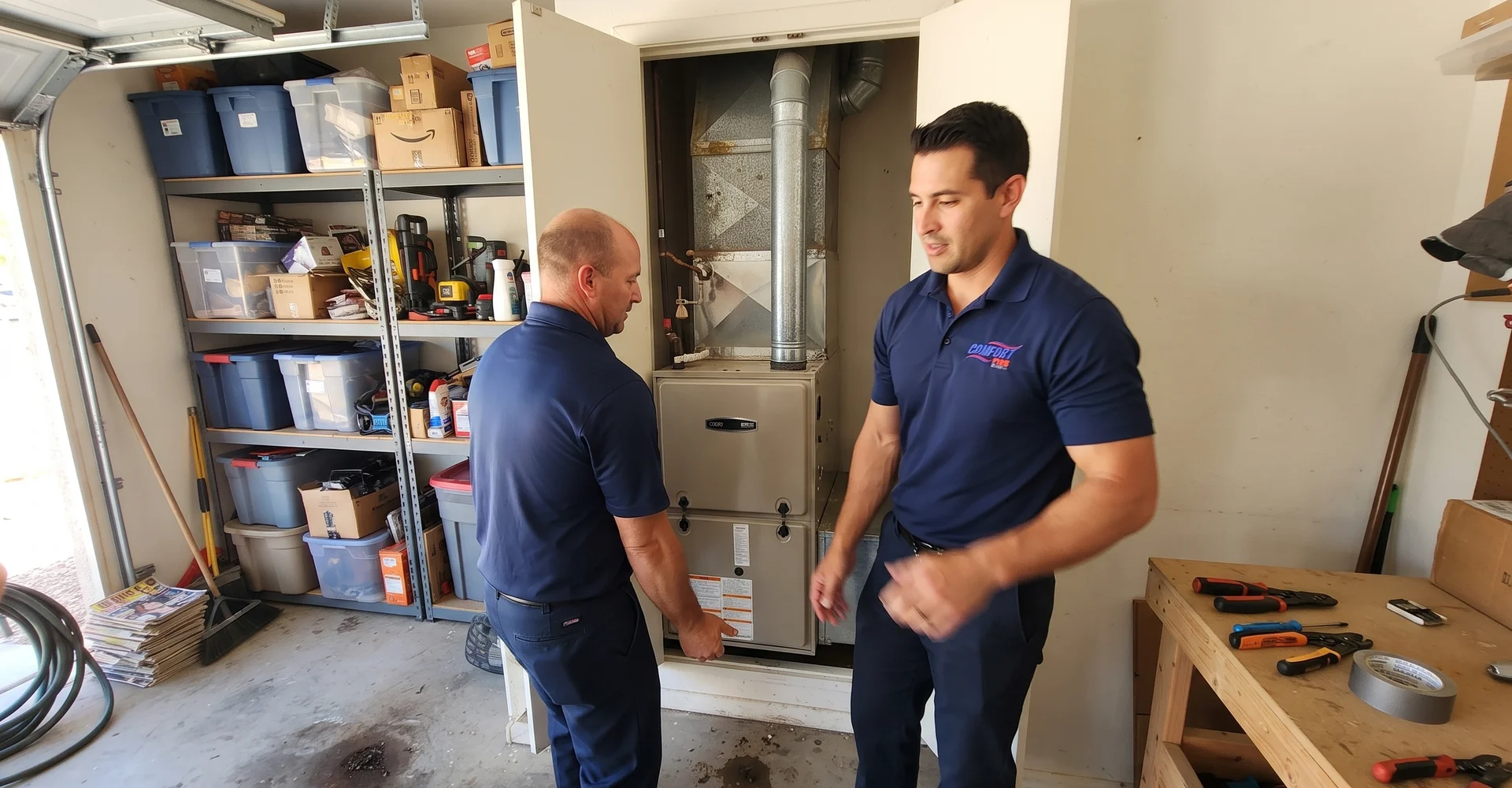 Installers fitting a new gas furnace into a garage utility closet