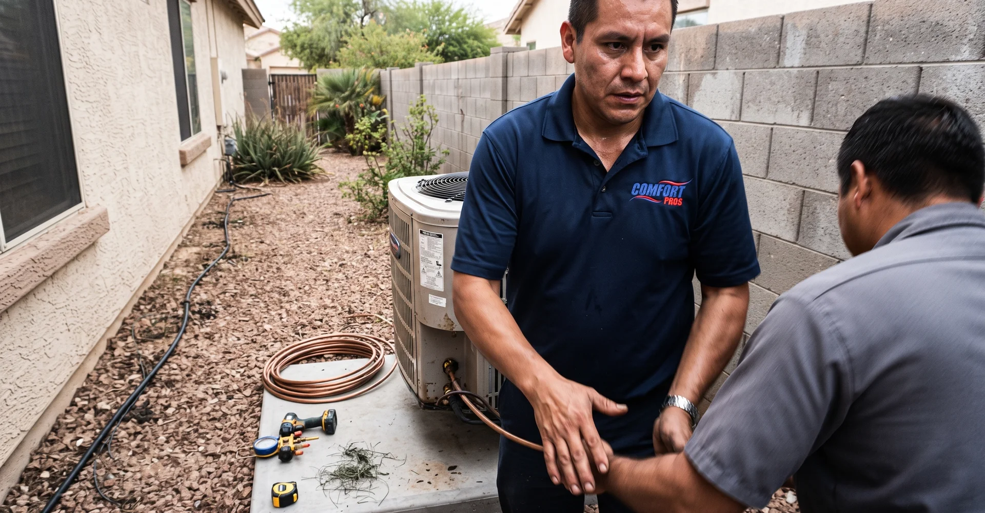 Installers setting a new outdoor condenser unit onto a pad beside a Southwest home