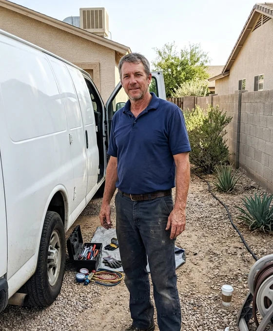 Armen Vartanian, founder of Comfort Pros AZ and CA, beside a service van in an Arizona driveway