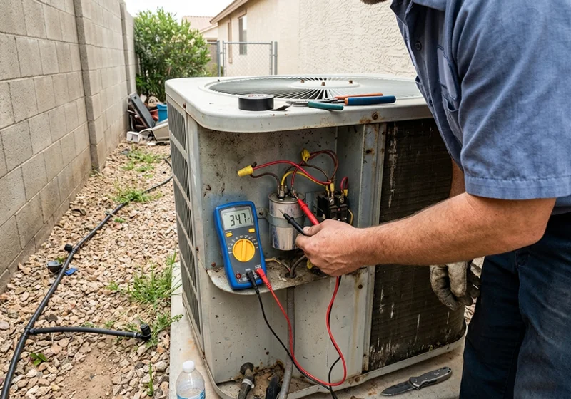 Multimeter testing a dual run capacitor inside an open condenser access panel