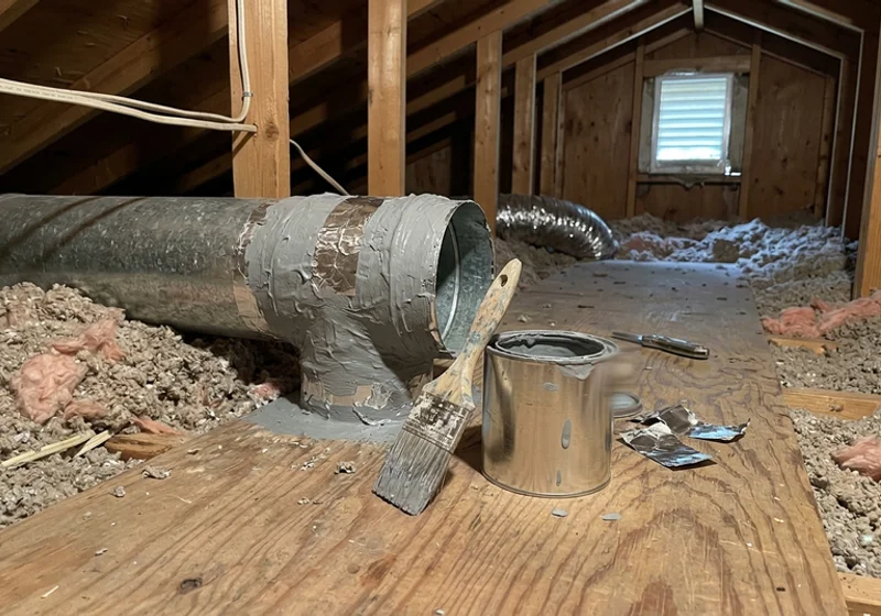 Duct connection sealed with mastic in an attic