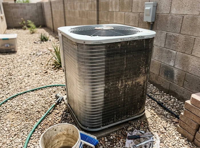 Condenser coil half cleaned showing the contrast in fin condition