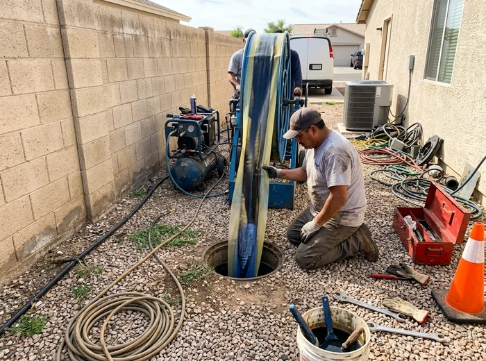 Cured-in-place liner being inverted into a sewer lateral