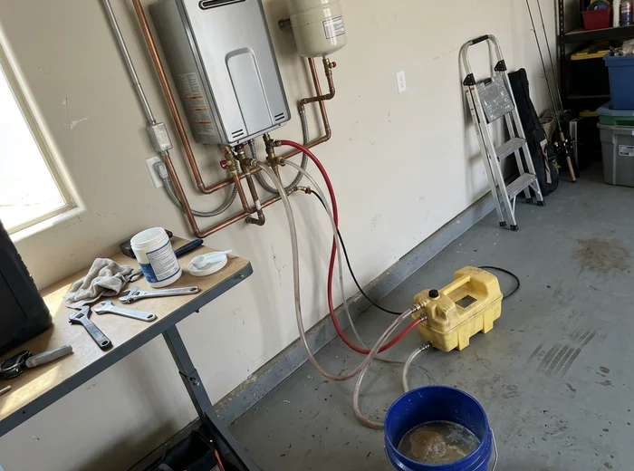 Descaling pump connected to a tankless unit's service valves