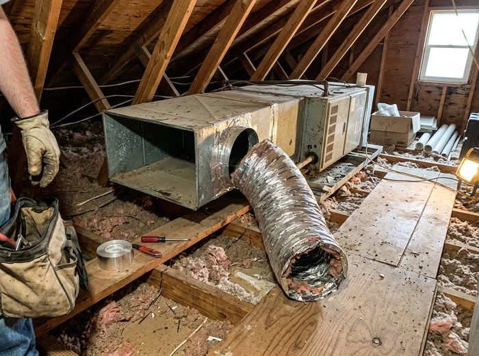 Disconnected flex duct at a plenum boot before repair