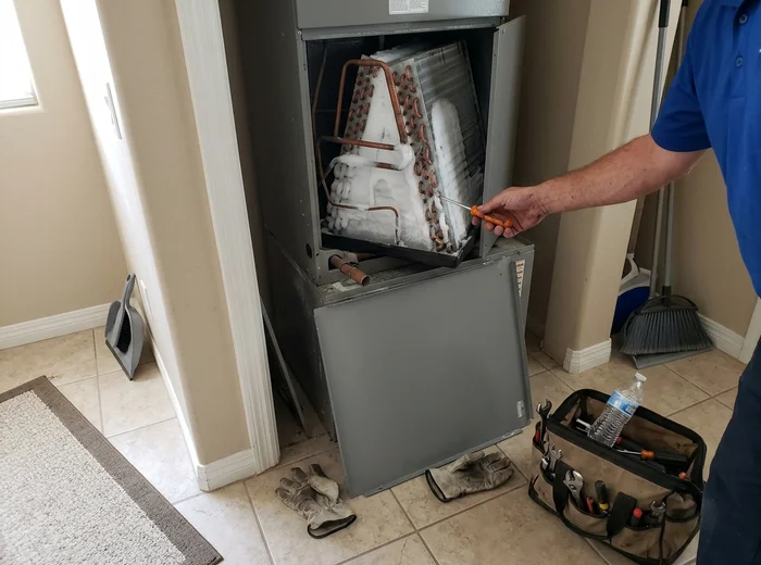 Frozen evaporator coil inside an open air handler