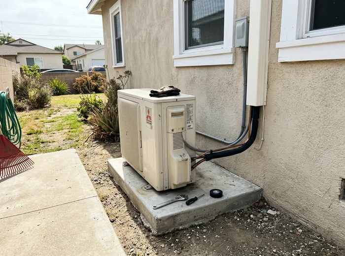 Heat pump outdoor unit installed on a raised pad