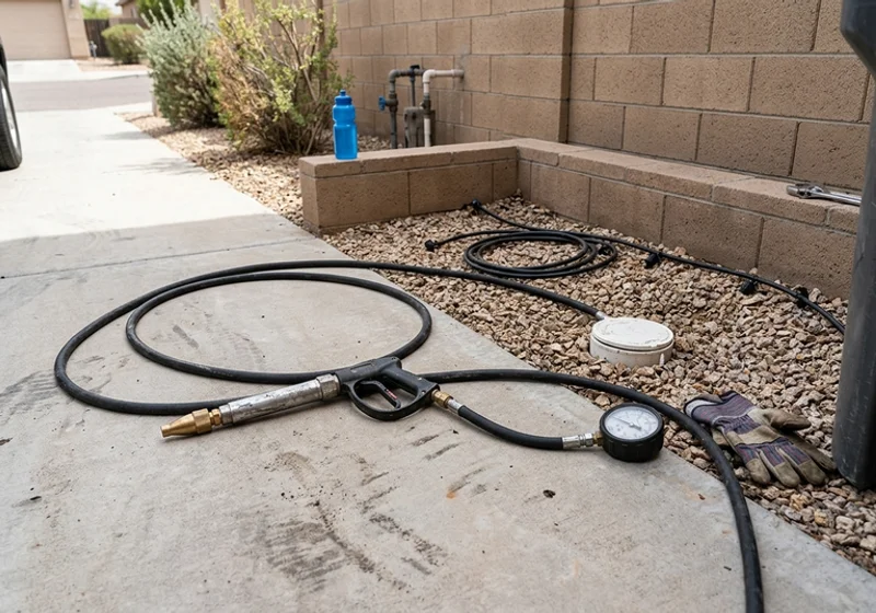 Hydro jetting nozzle and pressure gauge beside an open cleanout