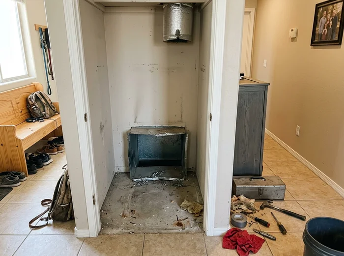 Old furnace removed showing existing duct connections