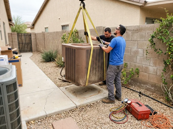 Old condenser being removed during a replacement