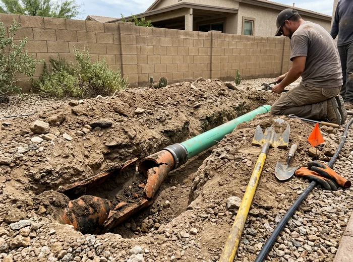 Collapsed clay sewer section being replaced in caliche soil