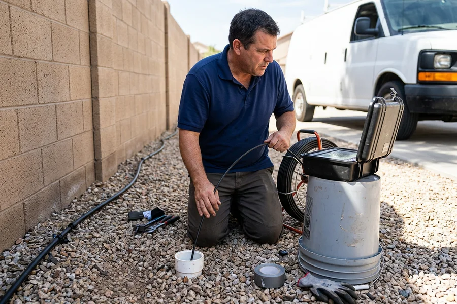 Plumber feeding a fiber-optic sewer camera into a cleanout with the monitor nearby