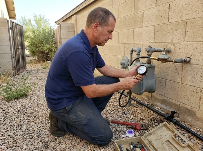 Gas line pressure test being performed at the meter