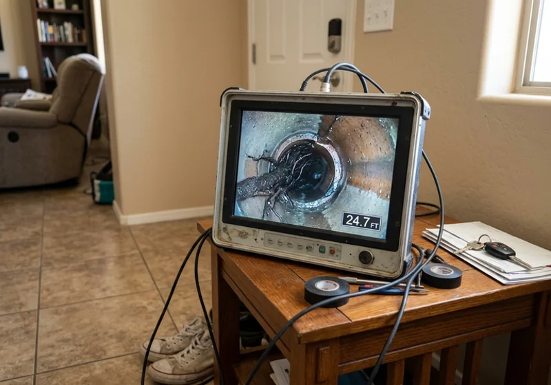 Sewer camera footage showing root intrusion at a clay pipe joint