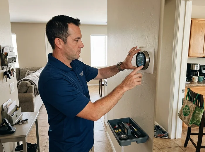 Smart thermostat being configured on a hallway wall