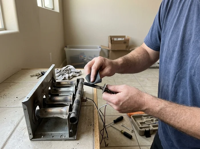 Flame sensor being cleaned beside an open burner assembly