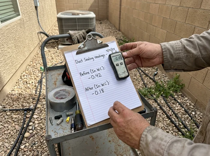 Static pressure readings recorded before and after duct sealing
