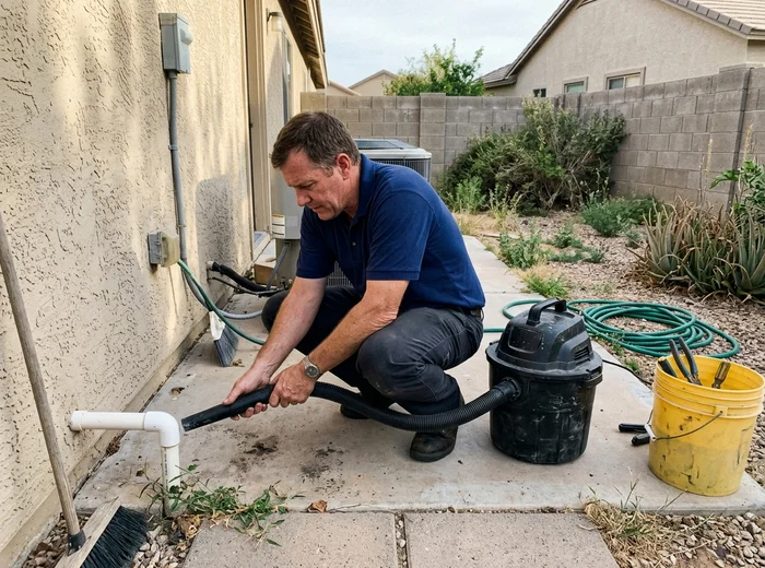 Condensate drain line being cleared with a shop vacuum