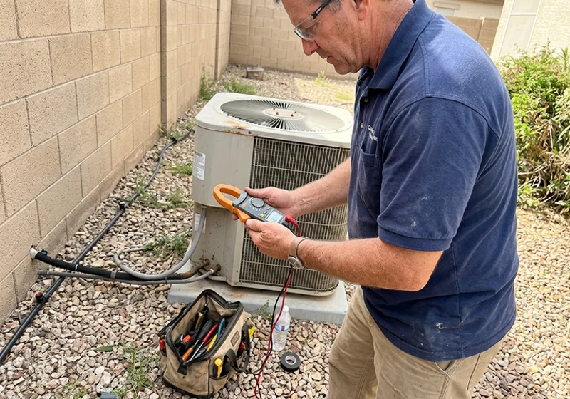 Clamp meter recording compressor amp draw during a maintenance visit