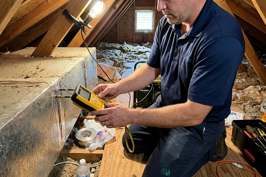 Technician taking a static pressure reading at a return plenum inside an attic