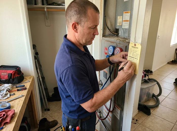 Technician recording subcooling and superheat readings on a service tag
