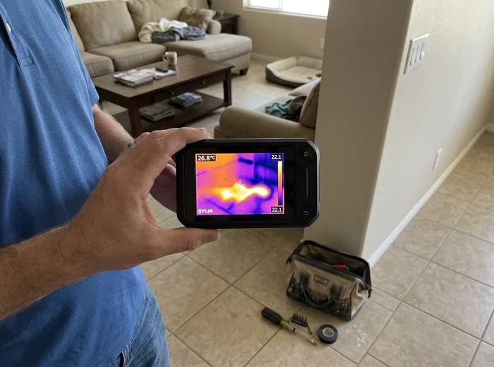 Thermal imaging showing a slab leak signature under a floor