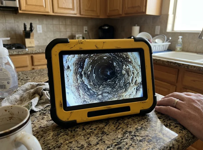 Grease buildup inside a kitchen drain line on the camera monitor