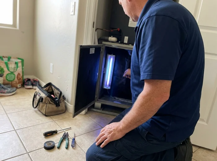 UV-C germicidal lamp installed inside an air handler cabinet