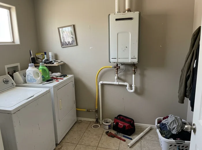 Tankless water heater installed with new gas line and condensate drain
